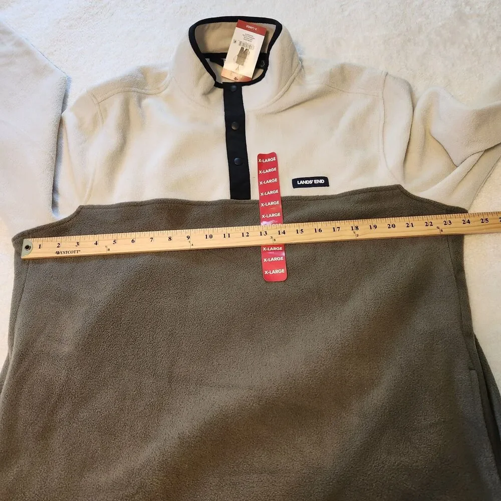 NWT Lands End Mens 1/4 Snap Fleece Pullover Beige & Green Colorblock Pockets XL